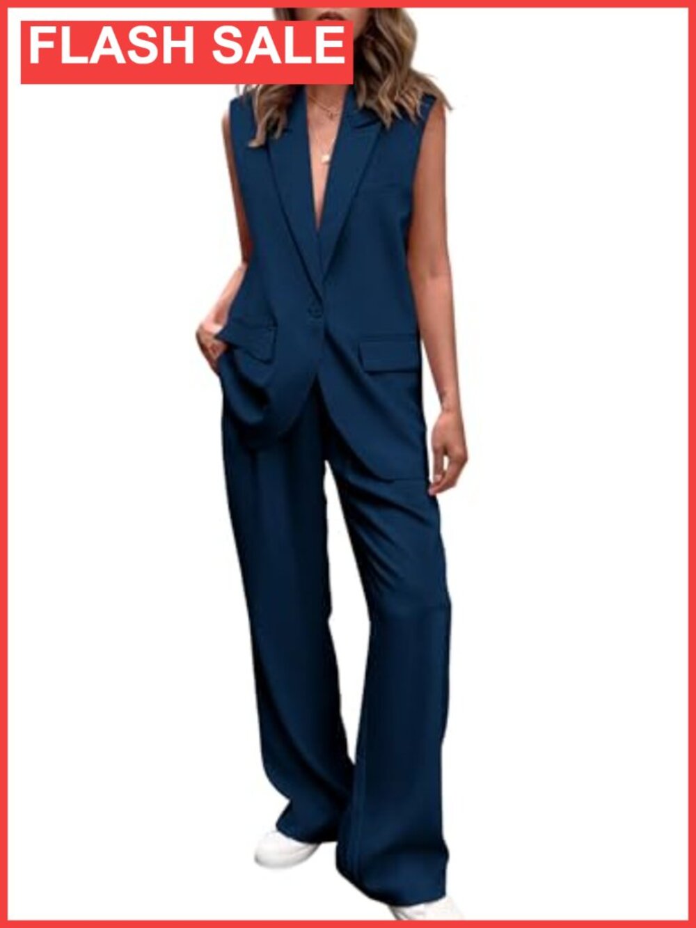 Women's 2 Piece Blazer Set Sleeveless Vest Wide Leg Pants Suit